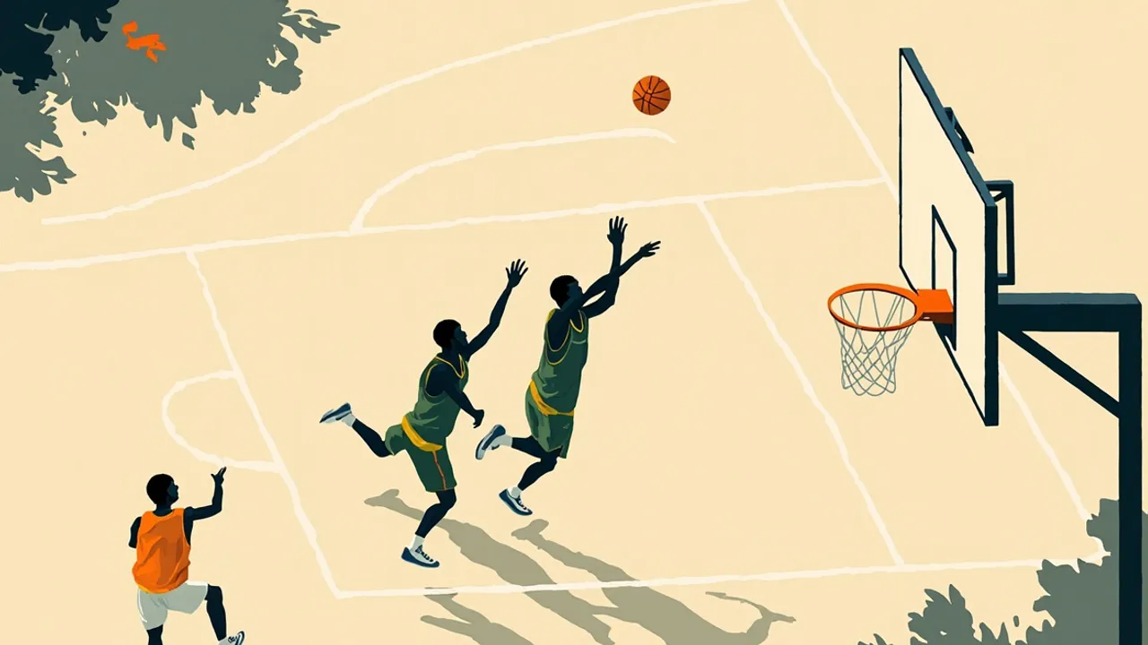 Des silhouettes plates jouent sur un terrain de basket extérieur nouvellement rénové, avec un panier neuf, des projecteurs lumineux et des gradins pour spectateurs de chaque côté.