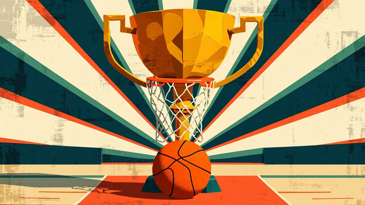 Un trophée de basket-ball doré à la forme géométrique domine un cadre coloré et motifé, avec un ballon de basket-ball posé à sa base.