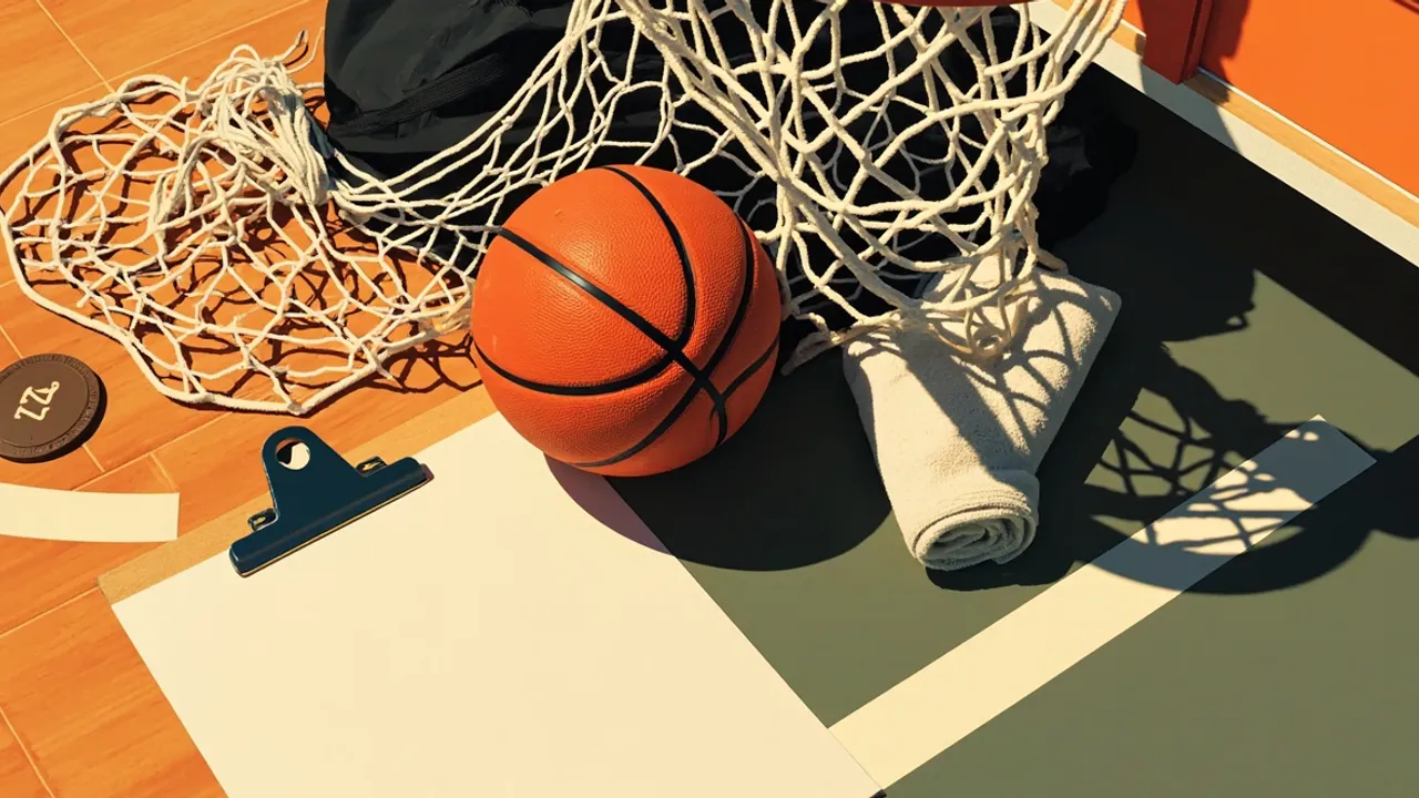 Still life on a hardwood court: a basketball, children's sneakers, a clipboard with plain X-O marks, a whistle, a draped net and a jersey, evoking a youth coaching programme.