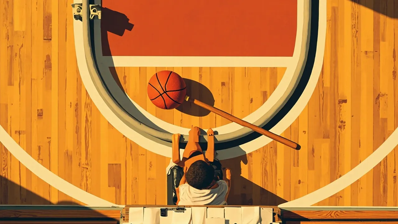 Un terrain de basketball vide où un marteau de juge repose sur la raie de lancer franc à côté d'un ballon, avec des bulletins de vote vierges sur la table des marqueurs, symbolisant une élection fédérale contestée.