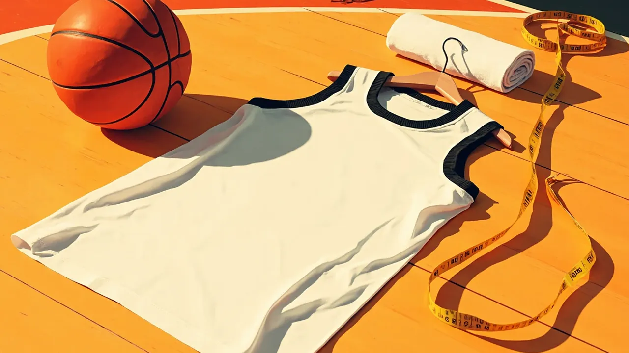 An oversized basketball jersey on a hanger lies on a hardwood court next to a basketball, a folded towel, and a coiled measuring tape, suggesting a player signing.