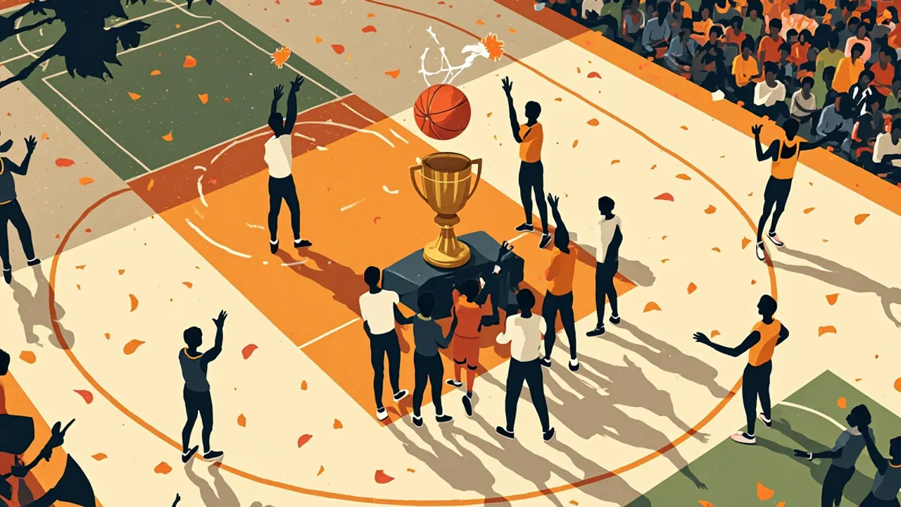 Stylised indoor basketball court viewed from above with a giant central trophy, scattered confetti, flat silhouetted players celebrating, and one silhouette raising a ball.