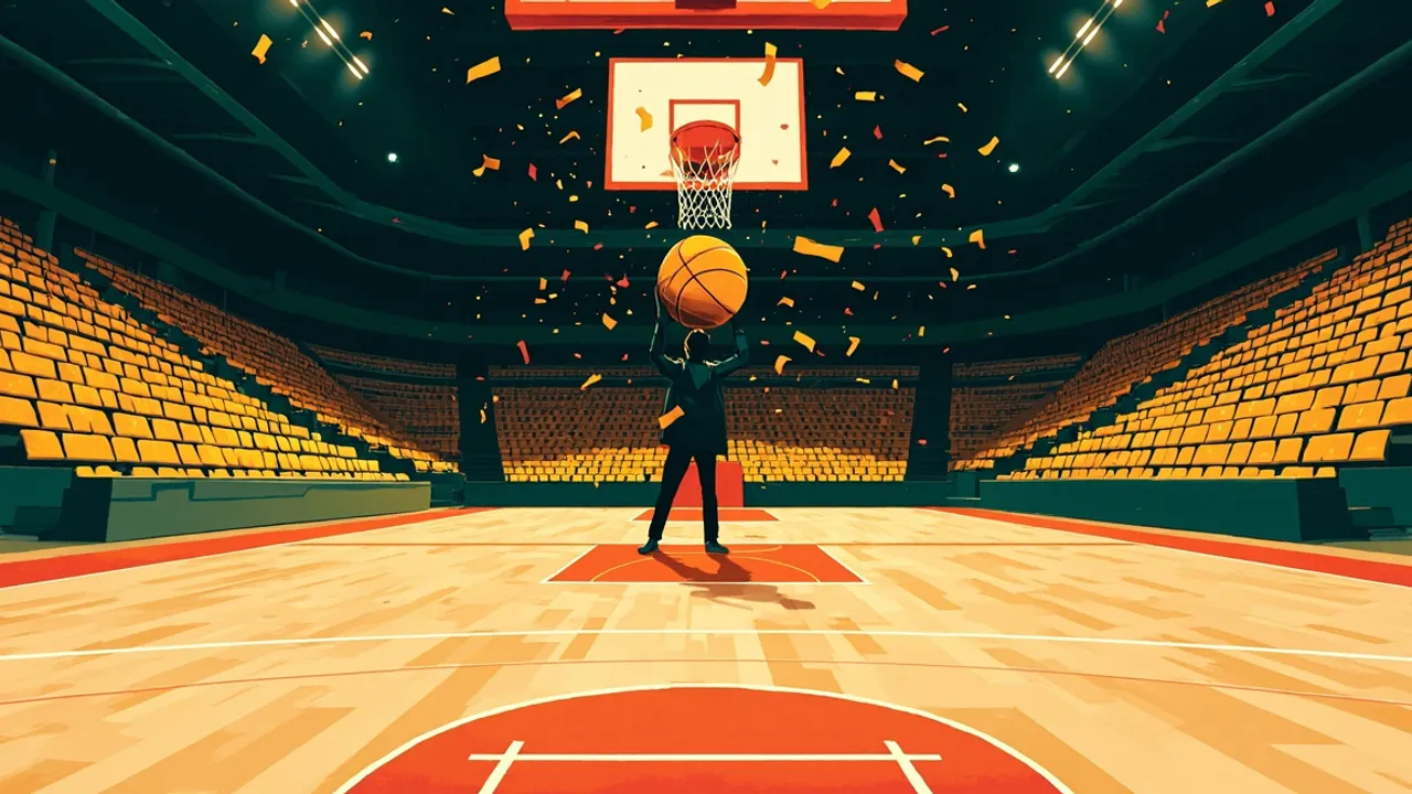 Illustration plate d'une salle intérieure vue des tribunes, avec une silhouette sans visage sur un podium brandissant un trophée doré pendant que des confettis dorés tombent sur le terrain.