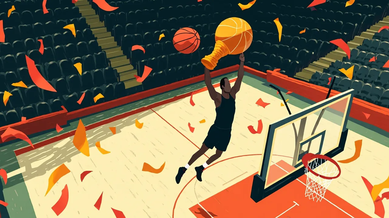 Illustration en vue plongeante d'une salle de basketball indoor comble où une silhouette sans visage brandit un trophée doré au milieu d'une pluie de confettis rouges et jaunes au centre du terrain.