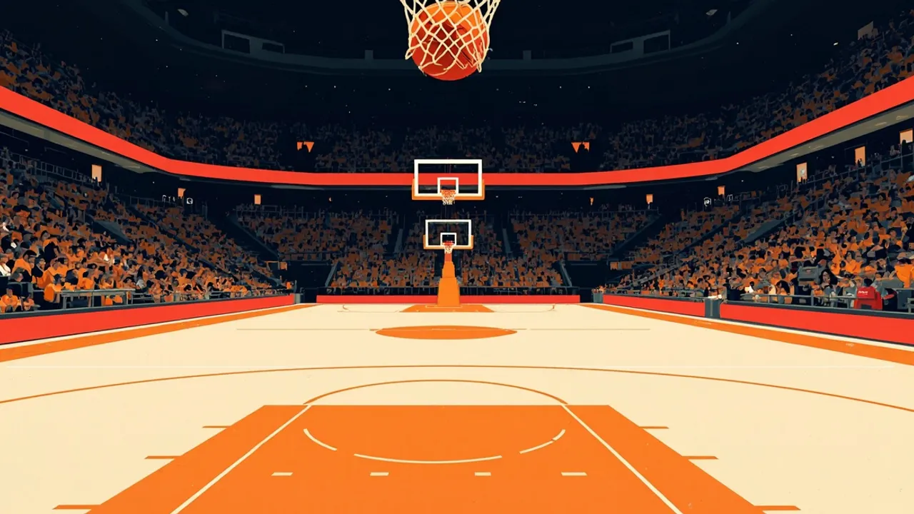 Salle de basketball indoor vue depuis le bord du terrain, ballon traversant le panier, silhouettes dans les tribunes sous un toit métallique.