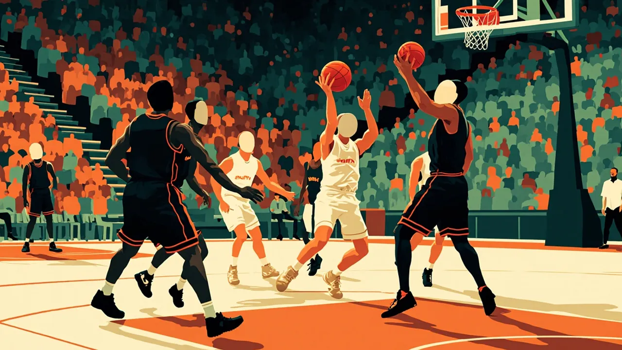 Silhouettes sans visage sur un terrain de basketball intérieur, un joueur en plein shoot en extension relâchant le ballon vers le panier tandis que deux défenseurs contestent le tir.