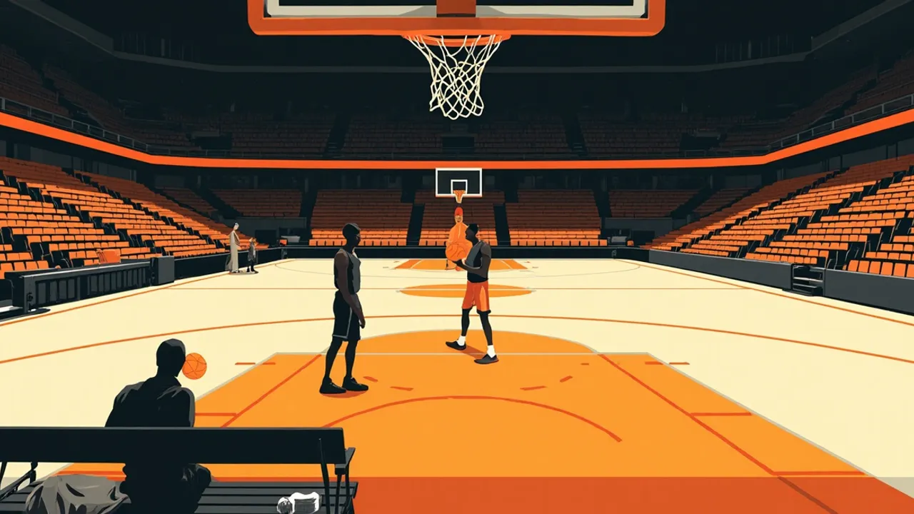 Indoor basketball arena seen from beneath the hoop, two faceless silhouettes on the court with one ball, and a folded warm-up jacket on the bench seat.