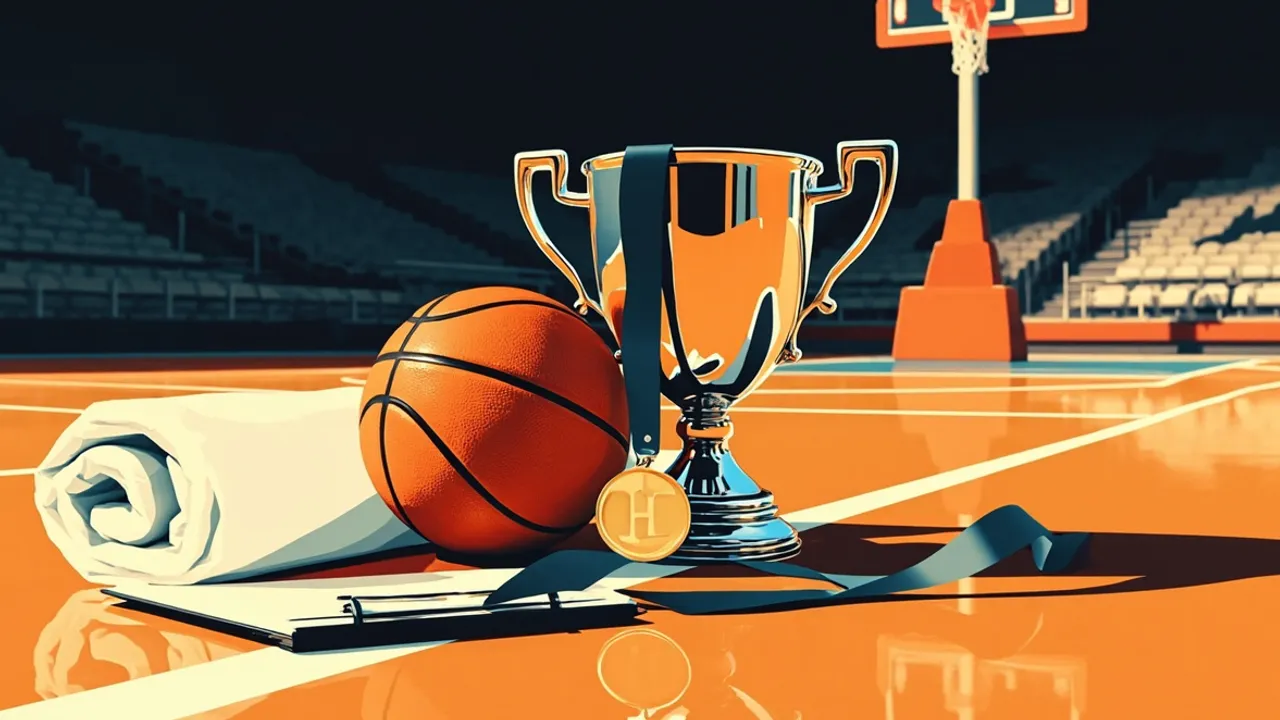 Still life of a basketball, silver trophy and medal on a clipboard with X-O marks, resting on polished hardwood under arena lights.