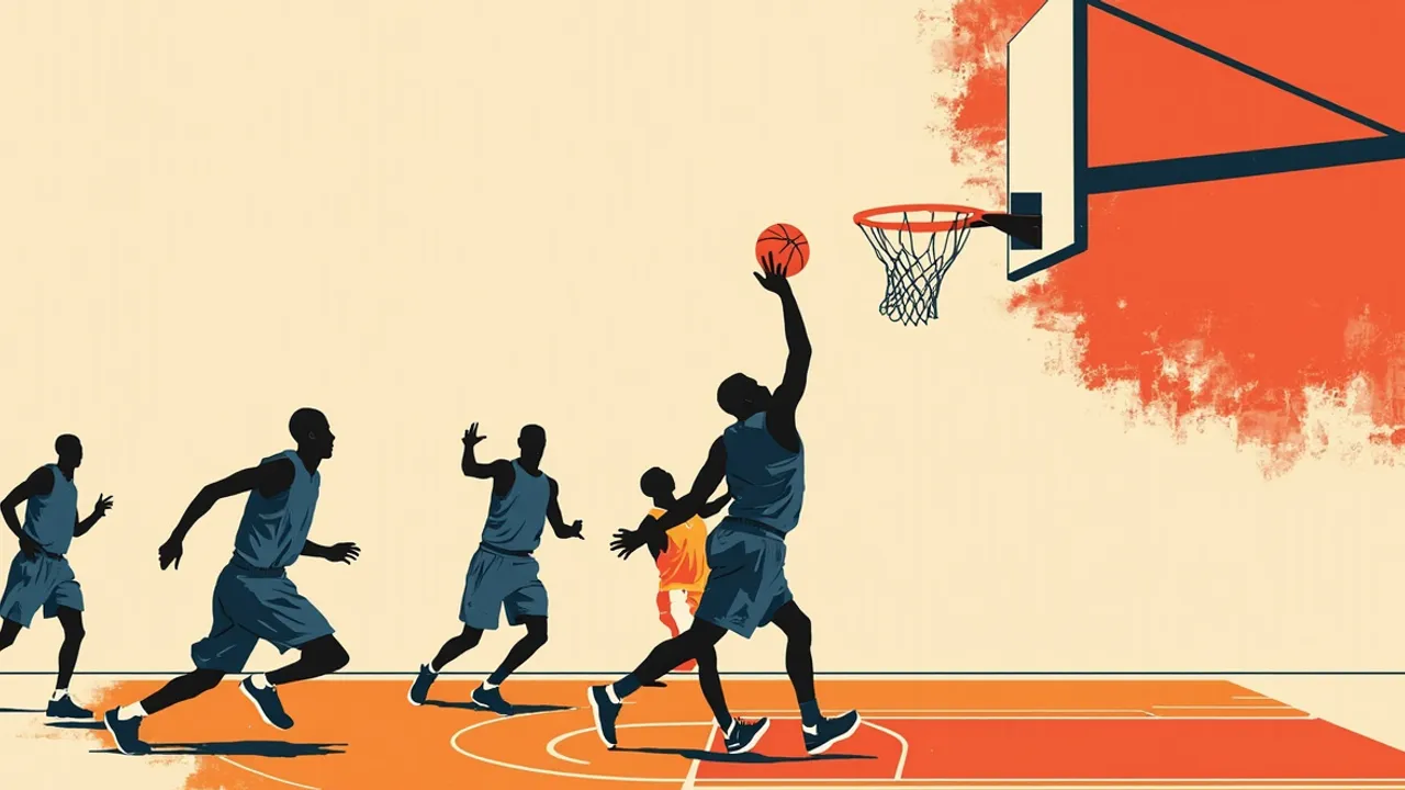 Silhouettes sans visage sur un terrain de basket, un grand joueur en bleu foncé qui dunk au-dessus d'un défenseur en jaune et blanc près du panier.