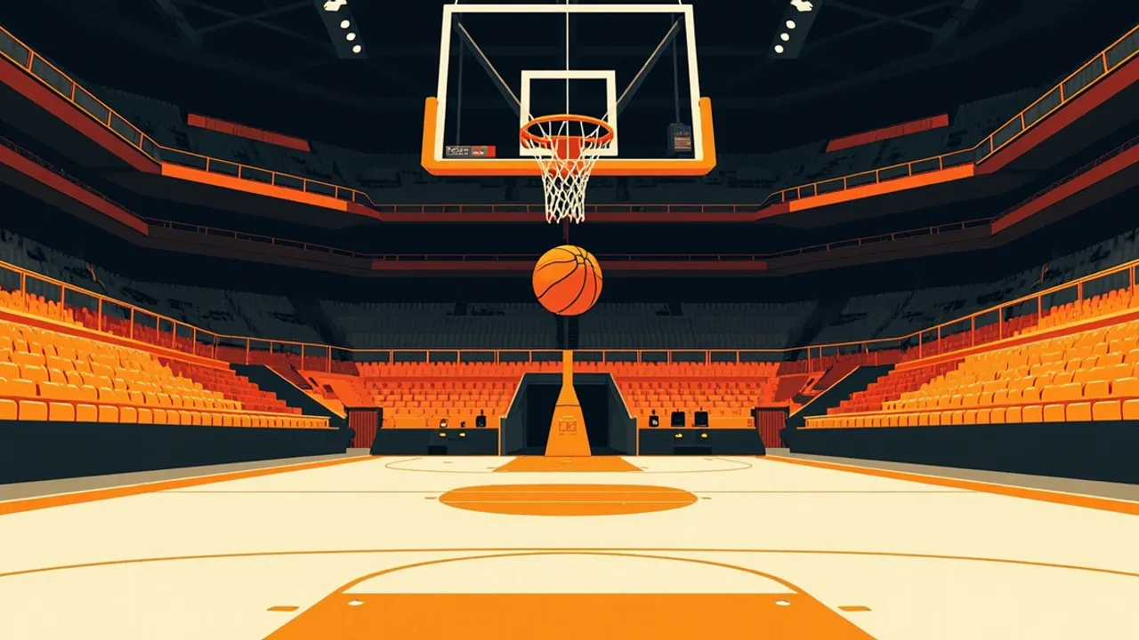 A low arena view shows one ball, a hanging jersey, and a hoop above the court, symbolizing a new signing.