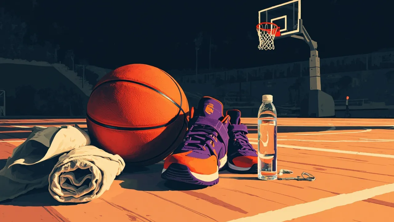 Nature morte nocturne sur le sol d'un gymnase : un ballon de basket posé entre une paire de baskets, une bouteille d'eau, une serviette pliée et une clé de vestiaire.