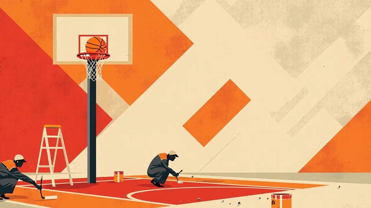 One shiny new basketball hoop with one ball on top of the rim, as two faceless workers dey paint fresh court lines for the floor below.