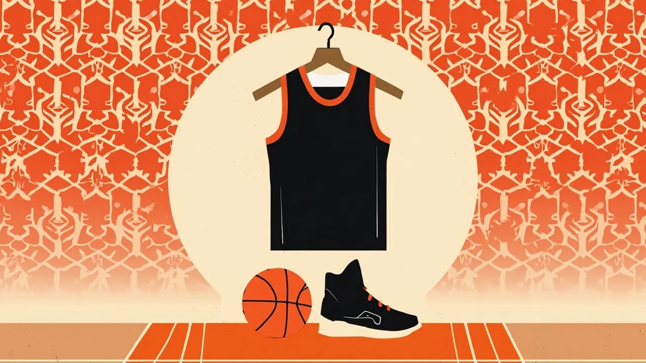 A bold emblem of a blank basketball jersey on a hanger beside a single ball, set on a patterned textile background suggesting a locker-room reunion.