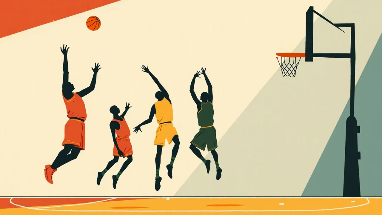Four faceless silhouettes on a basketball court, a red-and-yellow player shooting over leaping defenders as the ball arcs toward the hoop.