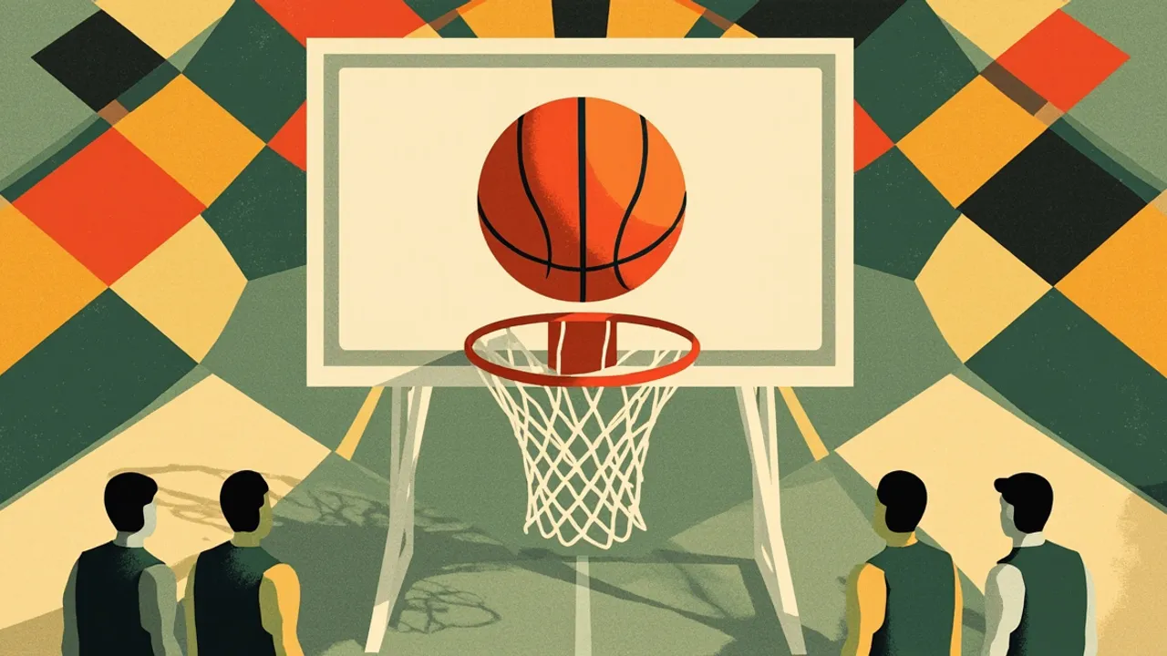 A bold emblem of an orange basketball passing through a hoop over a geometric textile pattern, with three small faceless figures in green at the base.