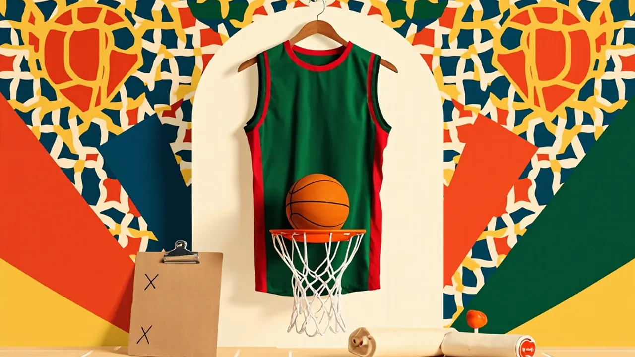 Un maillot d'équipe nationale suspendu à un cintre, avec un ballon de basket posé sur un cercle et un filet, le tout sur un fond à motif géométrique textile aux couleurs vert, rouge et jaune.