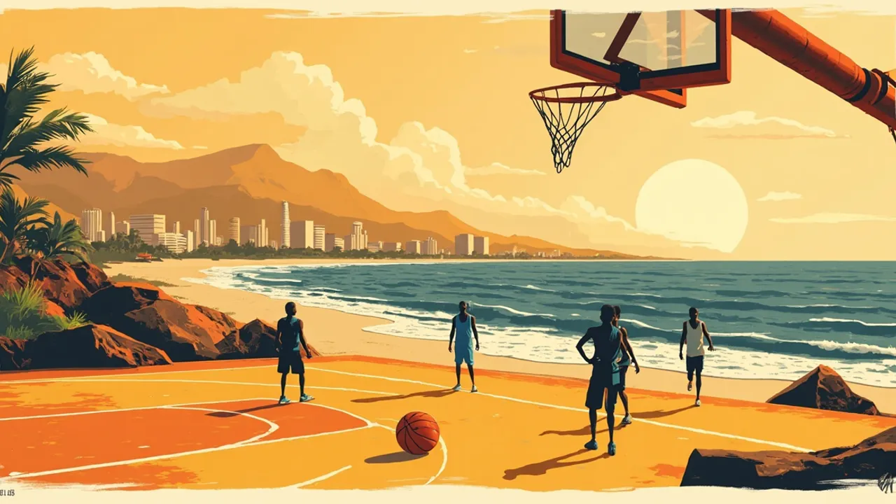A coastal city skyline rises behind a shoreline basketball court where three faceless players surround a single ball beneath a tall hoop, evoking an AfroCan qualifier by the sea.