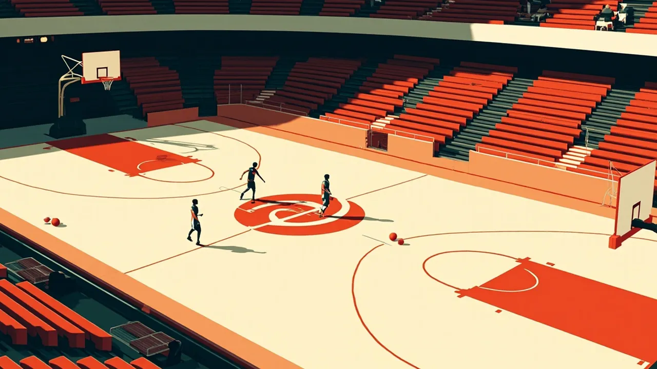 Vue d’une arène montrant deux équipes anonymes qui s’entraînent autour d’un ballon de basket-ball sur un terrain complet avant la compétition.