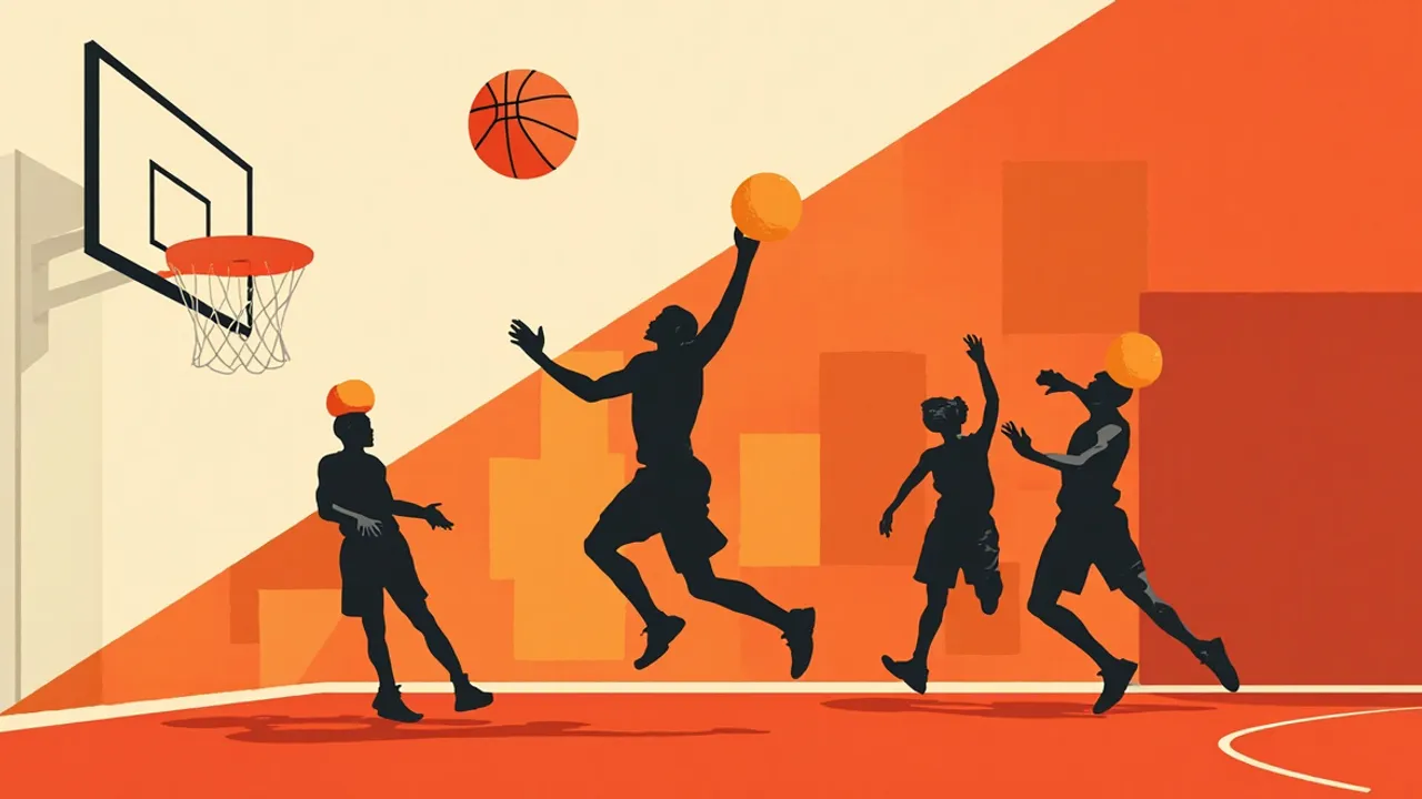 Quatre joueurs sans visage se disputent un tir en cloche sous un panier sur un court intérieur marqué, un ballon de basket-ball en trajectoire vers le cercle.