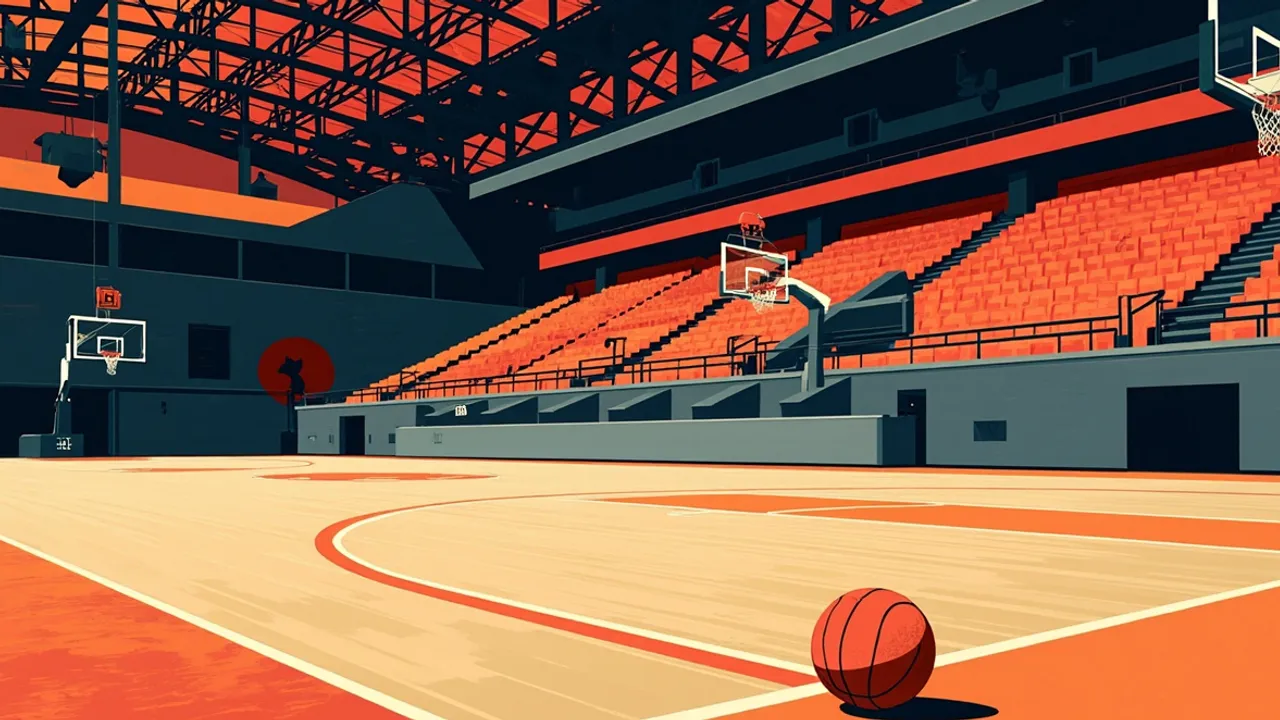 Une grande salle intérieure vue des gradins, avec un terrain de basketball, deux paniers, un ballon au centre du terrain et un trophée sur une table en bord de terrain.
