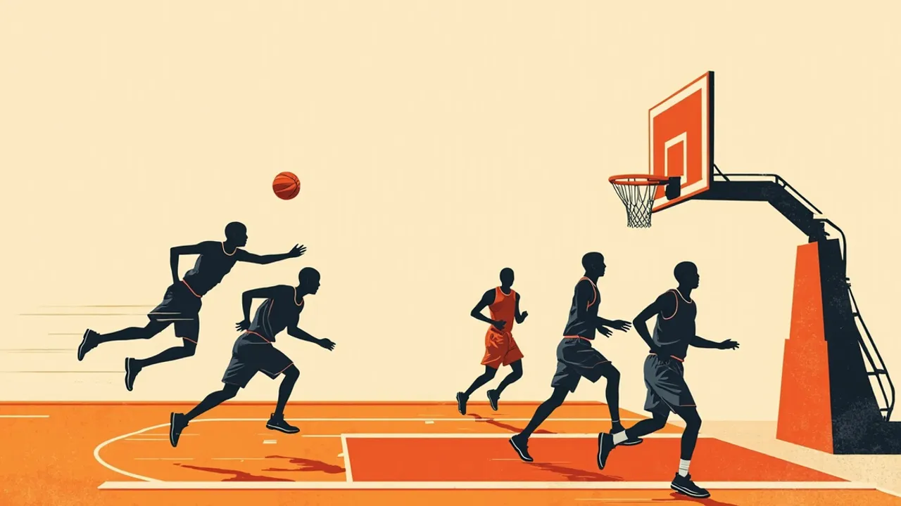 Quatre silhouettes sans visage lors d’une contre-attaque sous un panier de basketball sur un terrain intérieur, captant l’instant d’une tentative de lay-up lors d’un match compétitif.