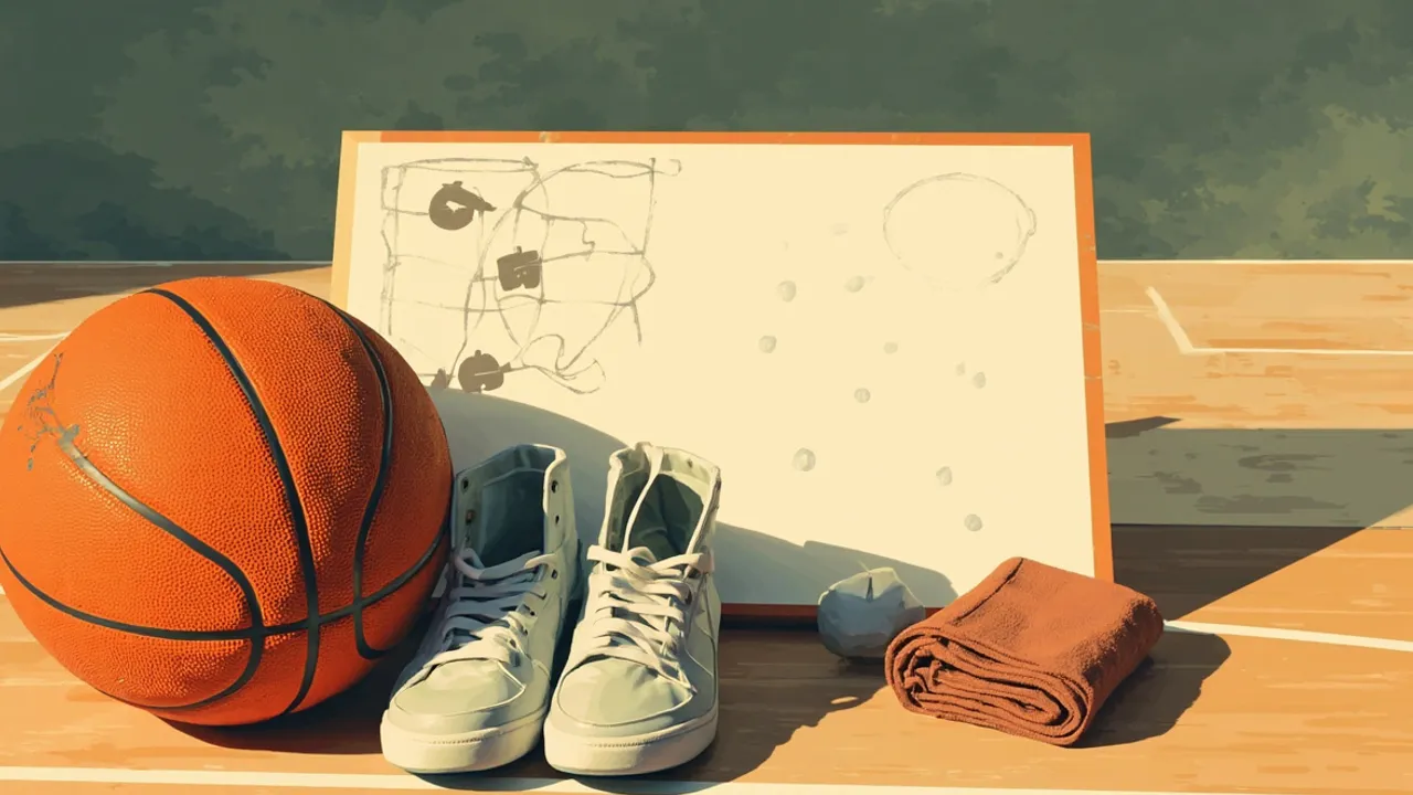 Un ballon de basket, des chaussures, une serviette et un tableau tactique sont posés ensemble sur un parquet avant un match éliminatoire à l'extérieur.
