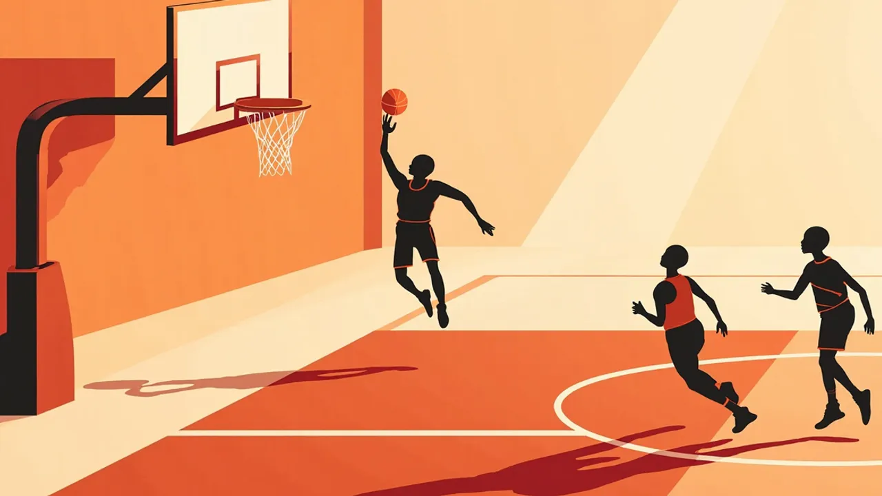 Un dunk en contre-attaque se déroule tandis que des défenseurs poursuivent l'action sur un terrain de basket intérieur aux lignes clairement visibles.
