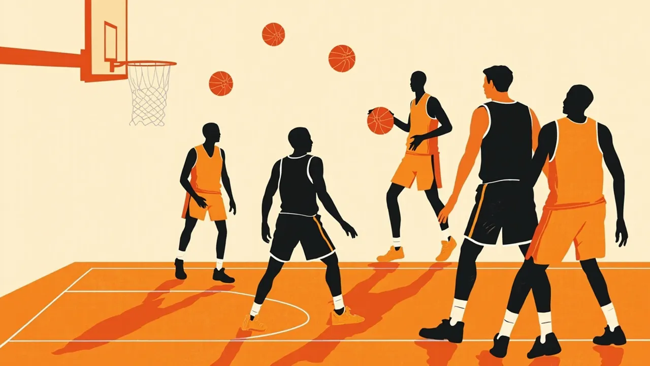 Two faceless basketball players stand together on a lined court under a hoop, one holding a basketball, marking new signings joining a team.