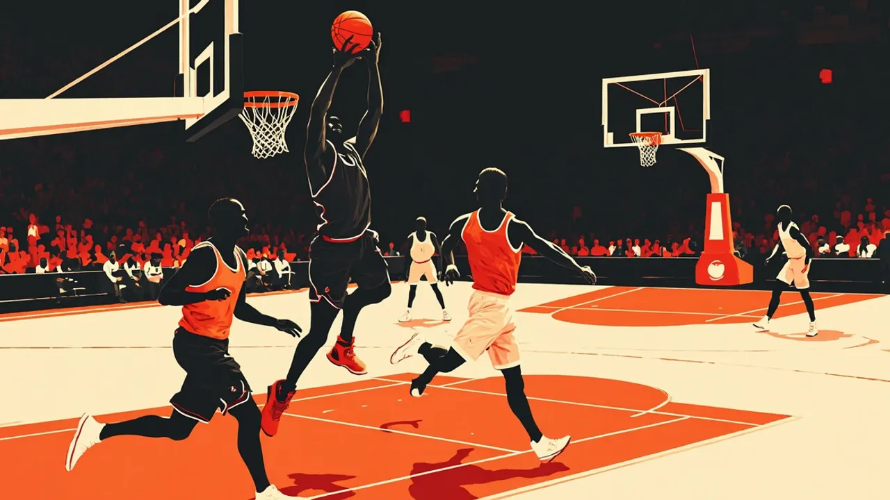 Une grande silhouette sans visage dunk un ballon de basket pendant que deux coéquipiers plus petits, également en silhouette, accourent, sur un demi-terrain intérieur éclairé dans une salle comble.
