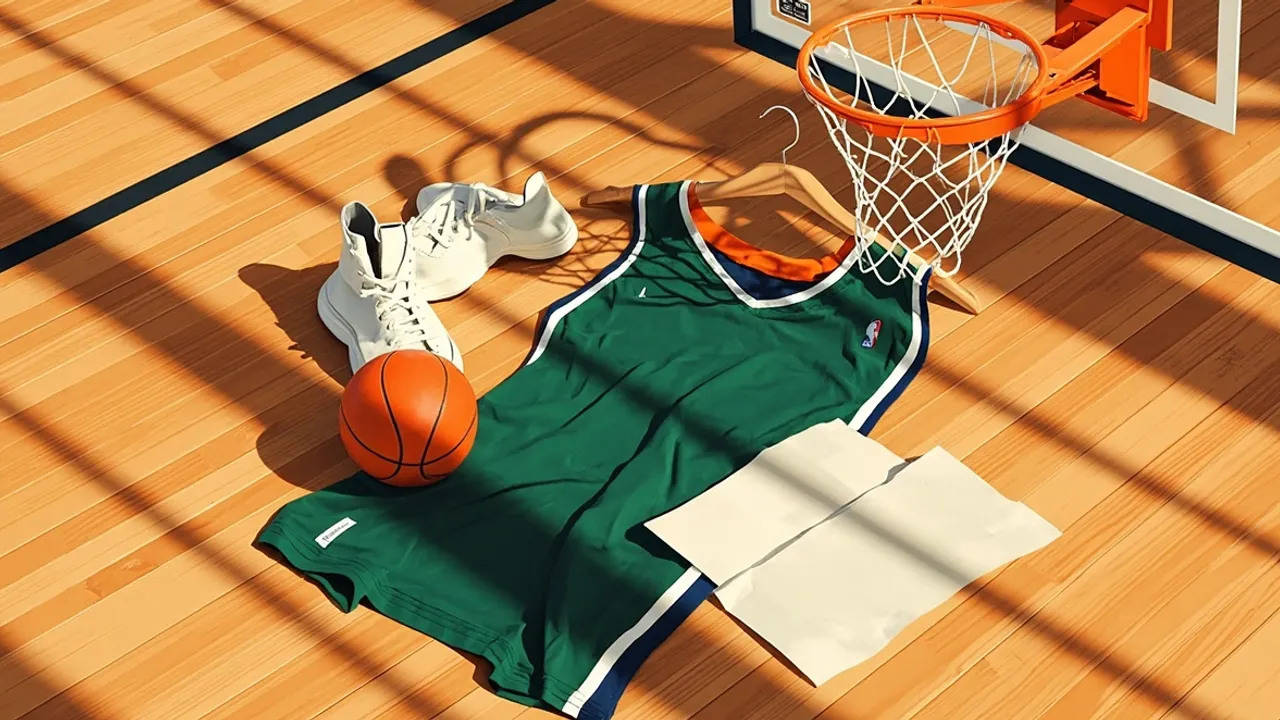 Still life on a wooden floor: a green and white jersey on a hanger, one orange basketball, white sneakers, and a folded paper, signifying new signings for a basketball club.