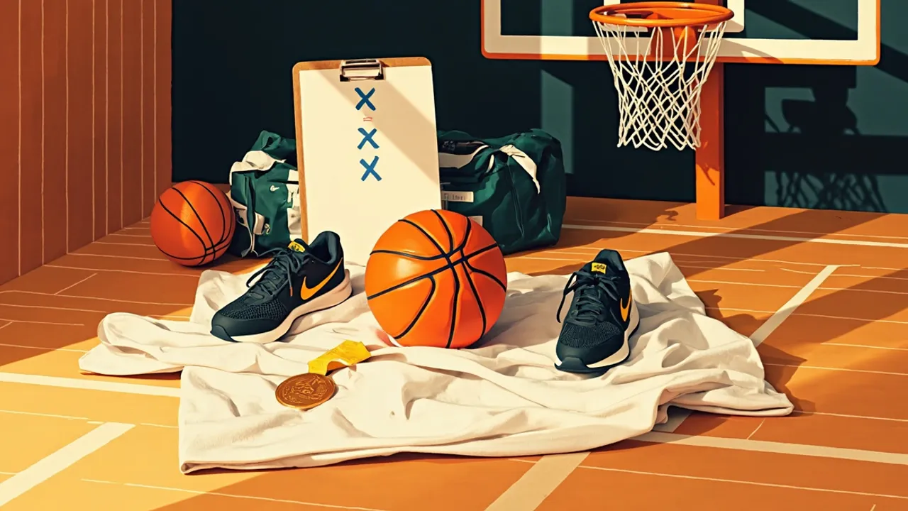 Nature morte sur un parquet : un ballon de basketball posé sur une serviette blanche entre deux baskets, une médaille de bronze sur le ballon, un presse-papiers avec des croix et des ronds, un panier avec son filet, et un kit vert et blanc posé sur un sac.