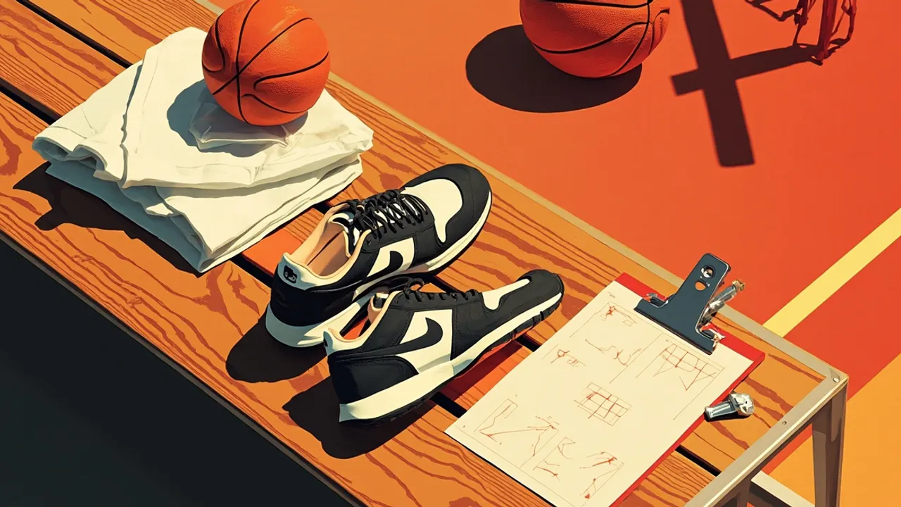 One basketball, folded towel, water bottle and tactics clipboard dey on top wooden bench near empty seat for basketball court.