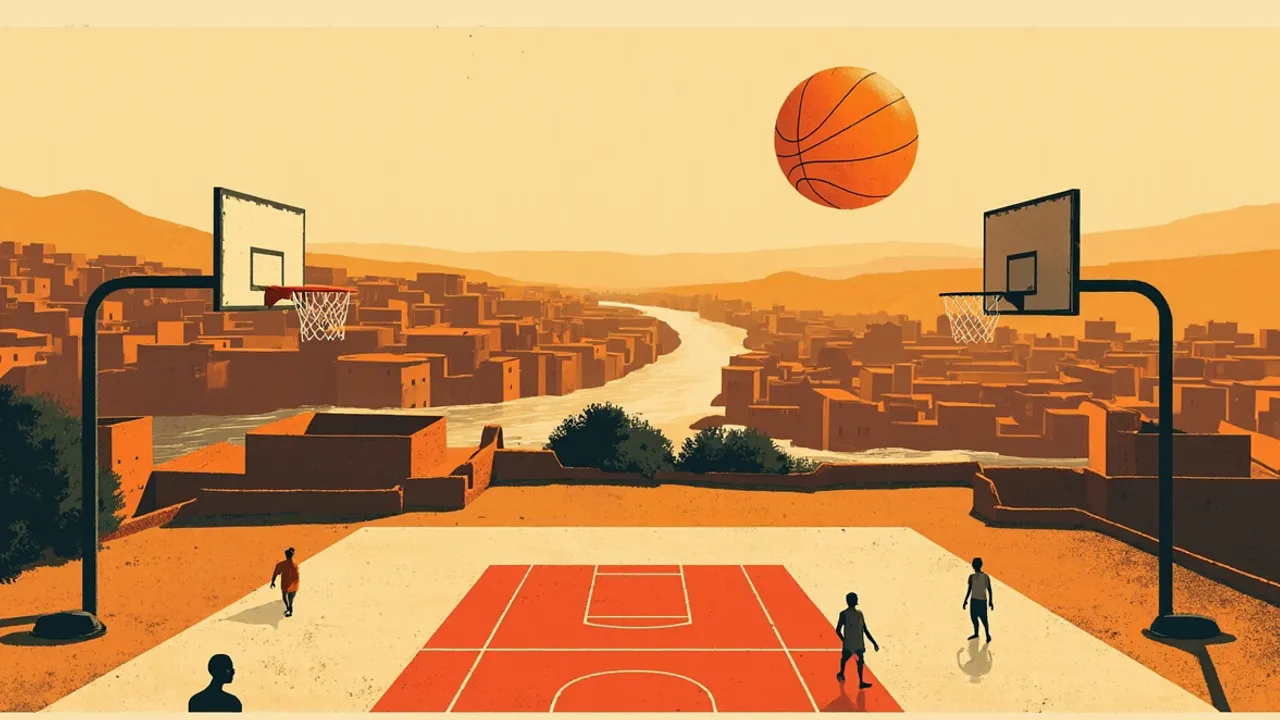 A golden-hour aerial view of a riverside West African town where a sunlit basketball court, a rising basketball, and two faceless silhouettes frame a polished trophy.
