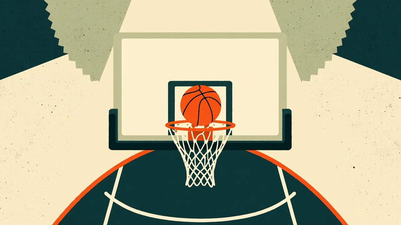A stylized basketball hoop with a ball about to drop through the net, set against a green and white geometric patterned background, symbolizing a World Cup qualifying campaign.