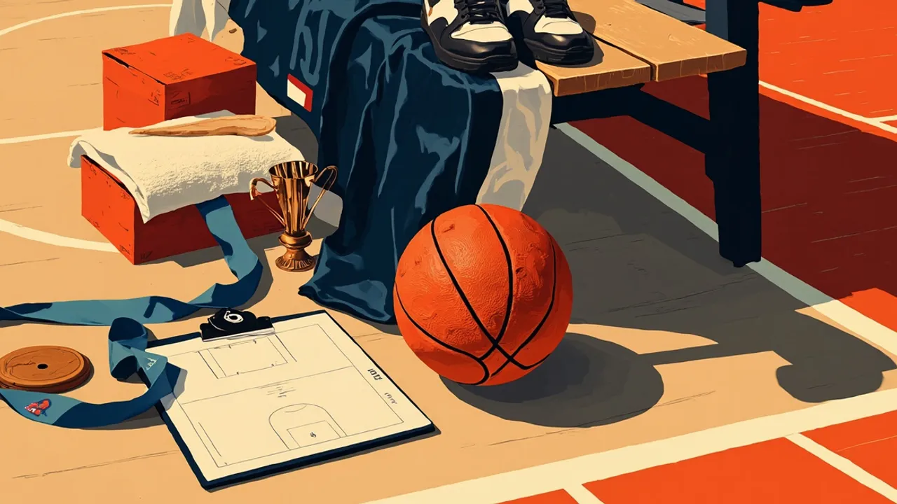 A still life of a basketball on a trophy base with a medal, towel, clipboard and sneakers arranged on a hardwood court surface.