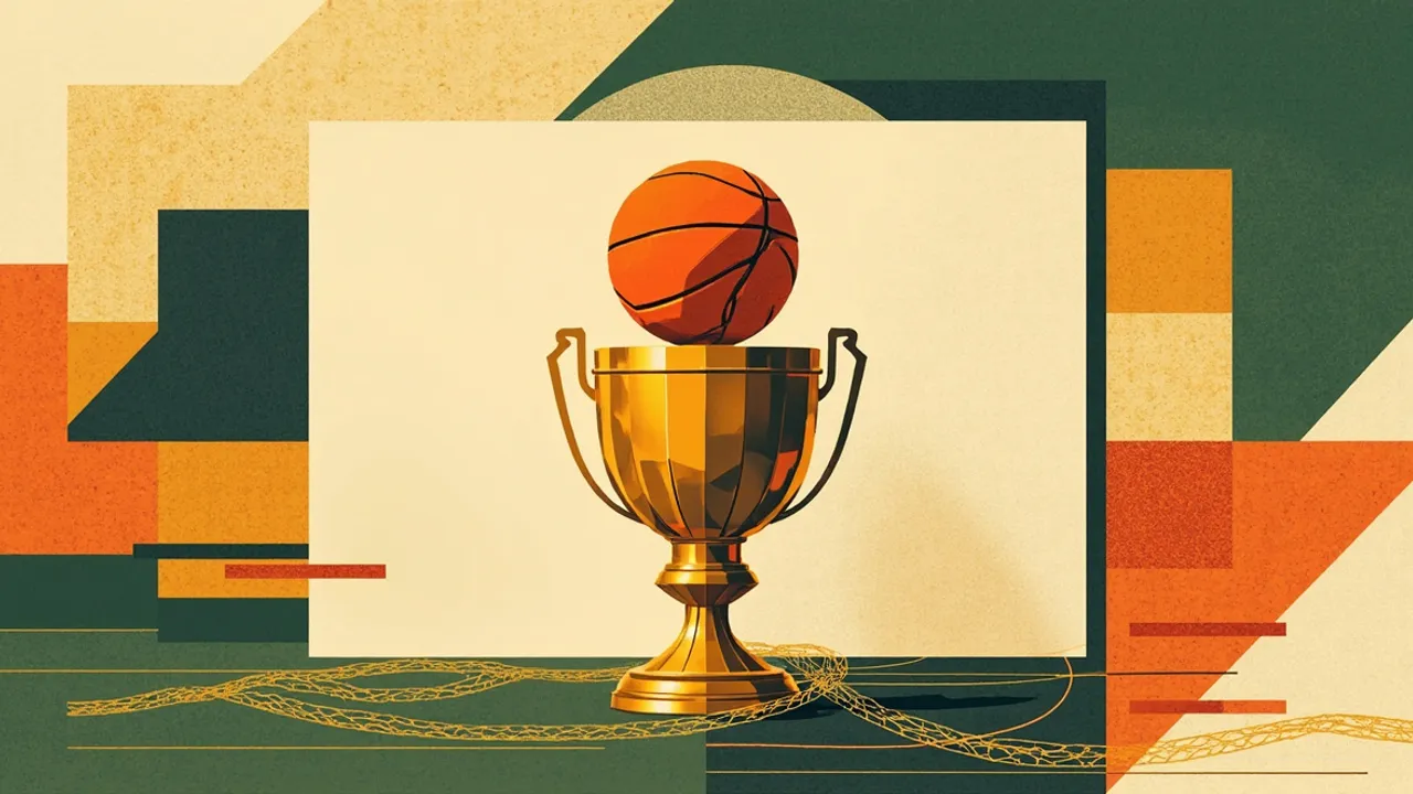 A bold trophy topped with a basketball stands against a stadium hoop, surrounded by a patterned textile background in green, gold, and white.