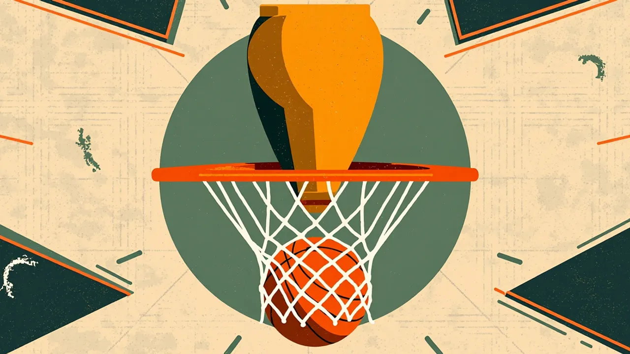 Un trophée doré domine une illustration de basket-ball à motifs, entourée d’un ballon, d’un panier, d’un filet et de lignes de terrain.