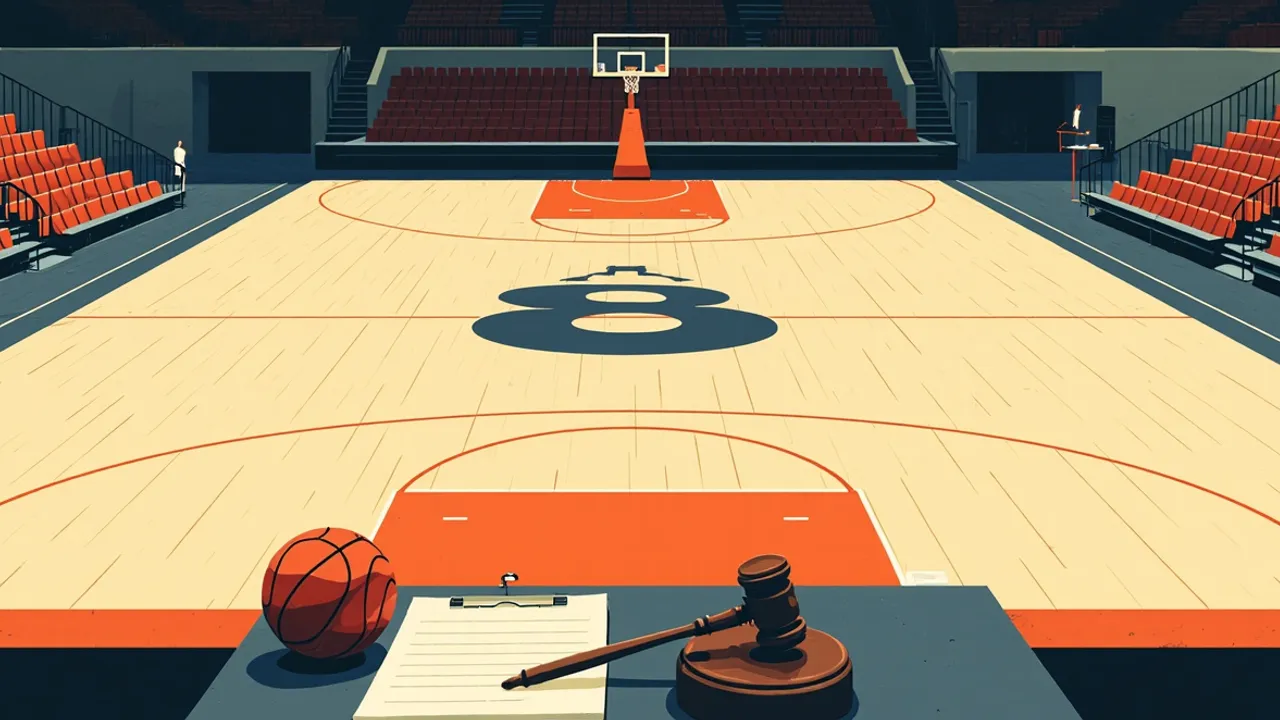 Empty indoor basketball arena viewed from the scorer's table, which holds a gavel and blank ballot papers, with three silhouetted figures in dark suits seated courtside.