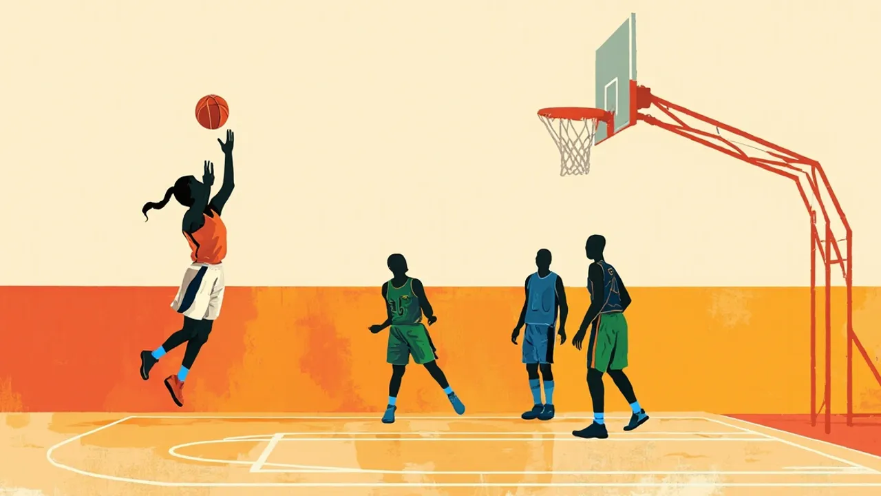 A faceless basketball player in red and white shoots a jumper over a defender on a bright indoor court, ball rising toward the hoop.