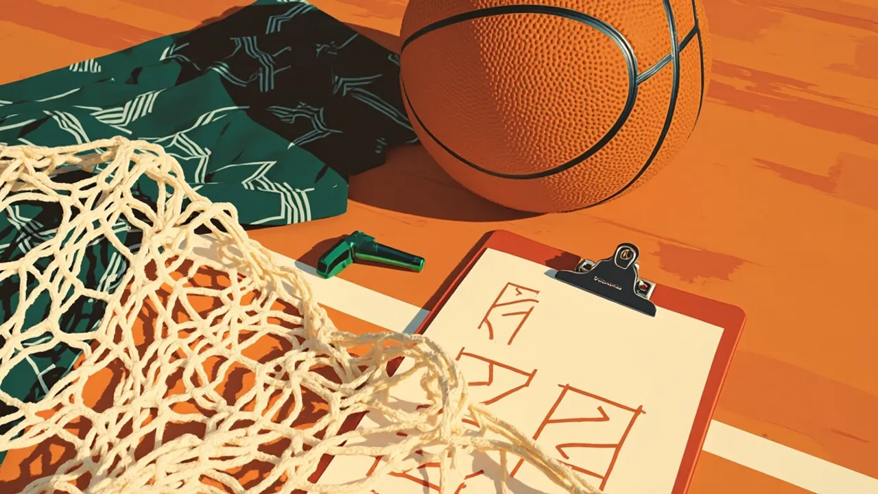 A basketball, training kit, whistle, tactics clipboard, and white net form a close-up still life.