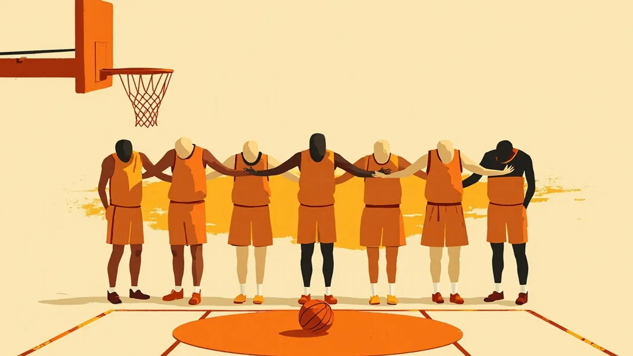 A basketball balanced on a rim with unlit candles nearby on a dark patterned background, suggesting mourning for a lost Senegalese player.