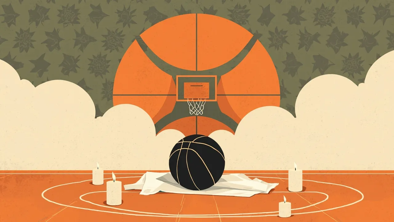 A black basketball on a wooden court beside a folded jersey and three memorial candles, with a hoop above, honoring three players lost in a road crash.