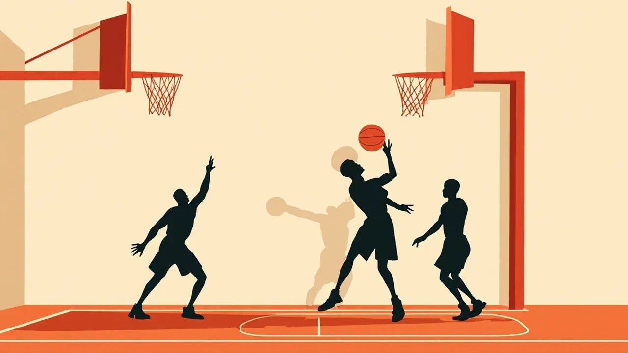 One tall player finish for di rim as two defenders contest under one visible backboard for one crowded basketball court.