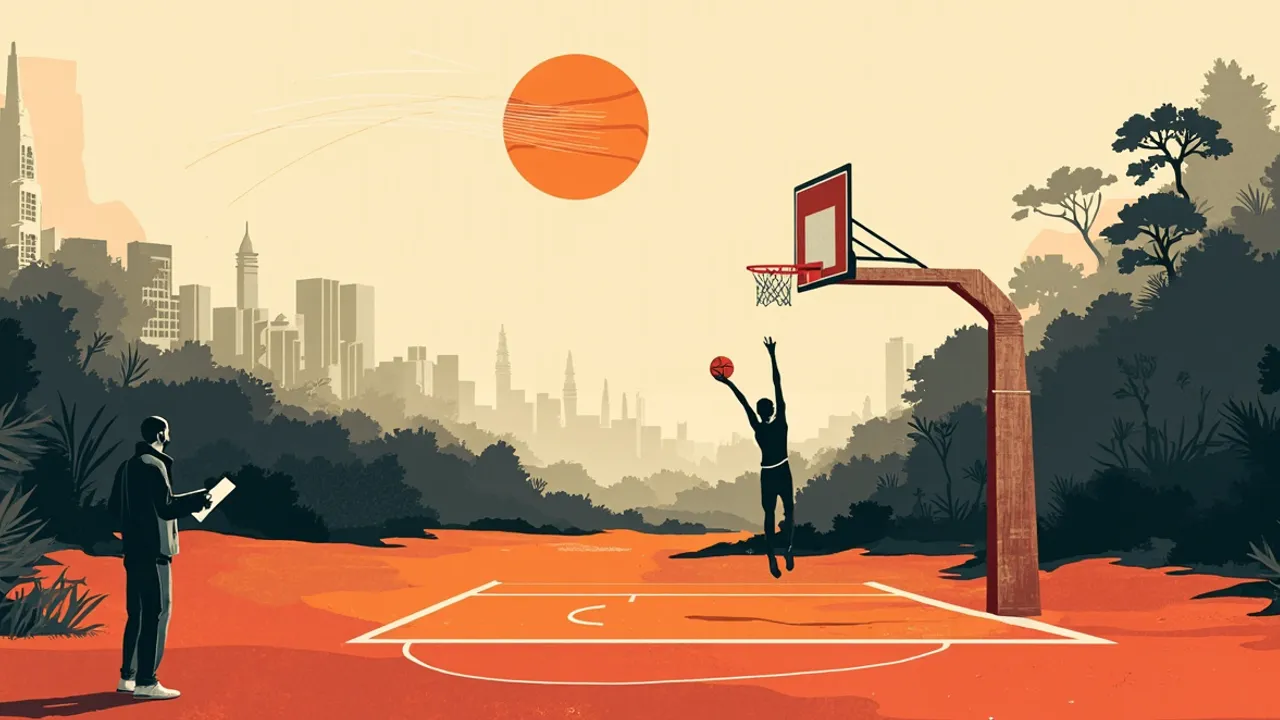 A landscape merging a city skyline with central-African jungle, featuring a basketball court, a rising orange ball, and faceless coach and player silhouettes.