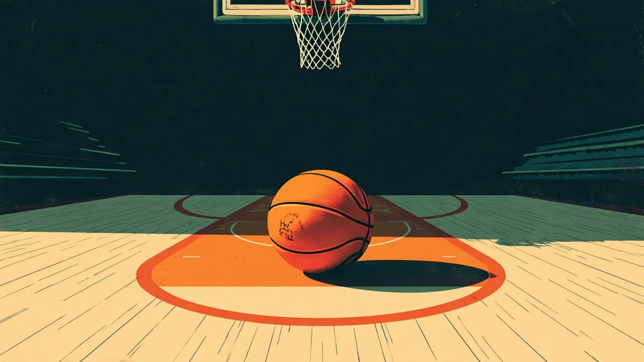 Un ballon de basket solitaire repose dans le cercle central d'un court intérieur faiblement éclairé et vide, sous un panier suspendu, symbolisant une élimination précoce d'un tournoi.