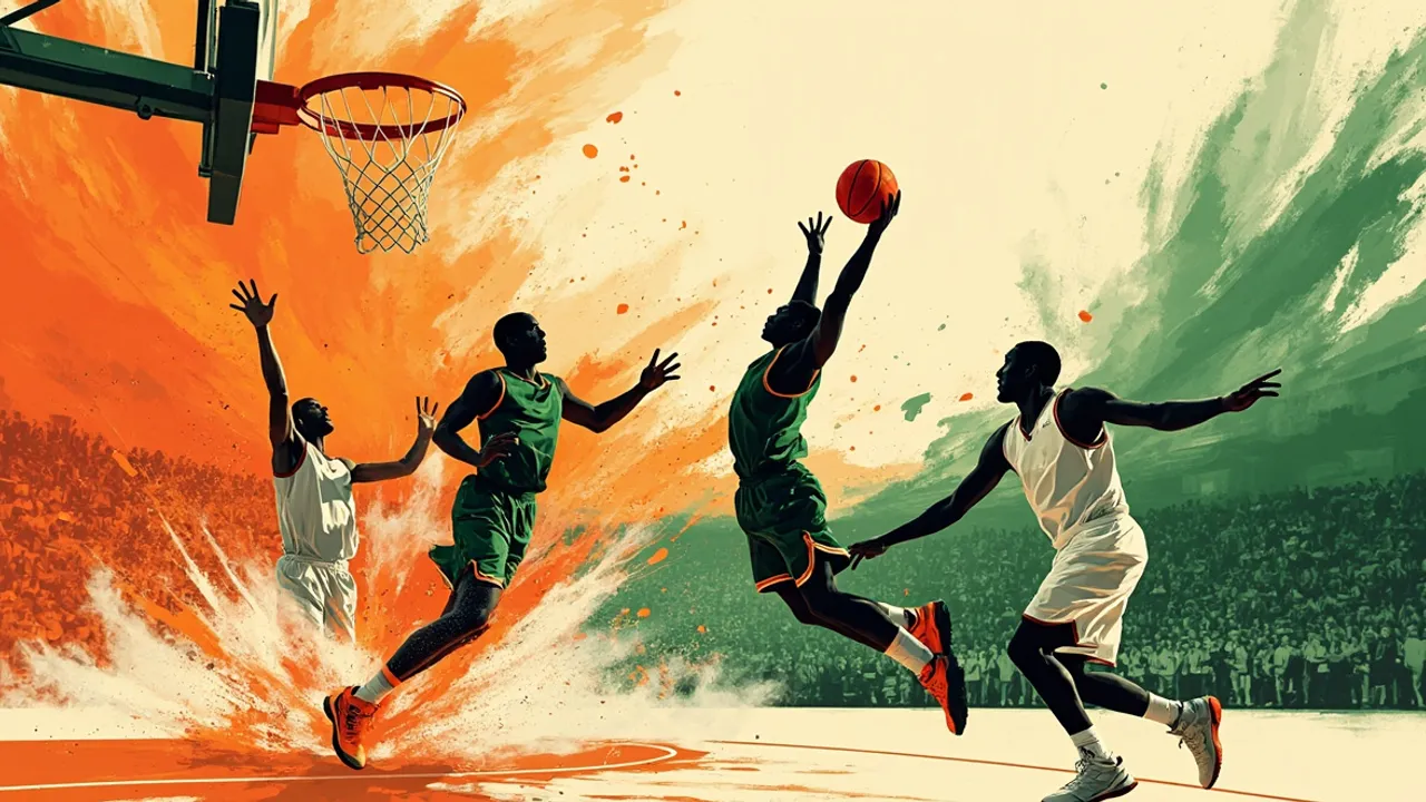 Trois joueurs de basket sans visage en vert et blanc sautent vers le panier pour un dunk au-dessus de deux défenseurs, sur un parquet intérieur tracé avec une foule en arrière-plan.
