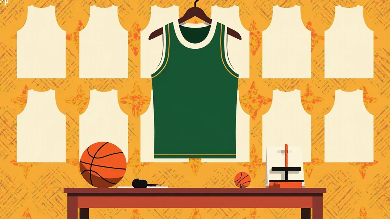 Row of green-and-white jerseys dey hang for hangers against patterned backdrop, with one basketball dey rest below, meaning say dem don announce final squad.