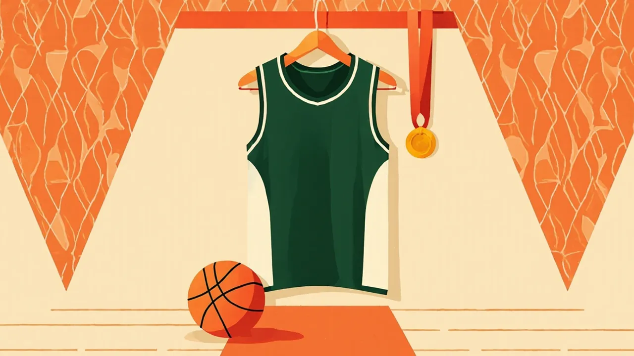 A youth-sized green and white basketball jersey hangs on a hanger beside a basketball and a gold medal, against a geometric patterned background.