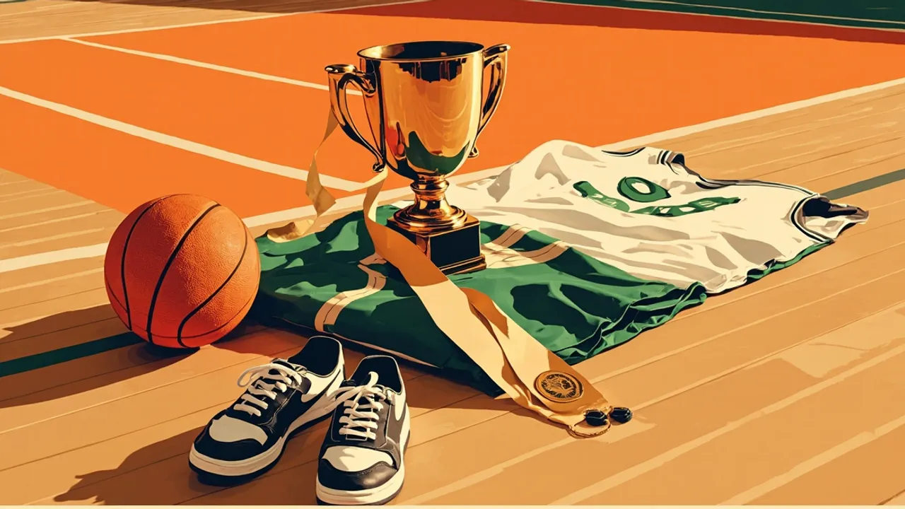 Still life on a wooden court: a golden trophy with a green-and-white jersey, a basketball, worn sneakers, and a medal. Silhouette. No proper names.