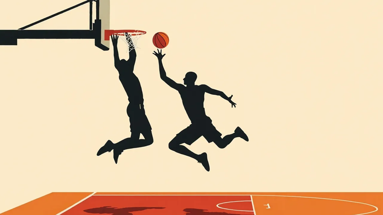 Silhouettes plates de deux joueurs de basket s'affrontant au cercle sur un terrain, l'un réalisant un dunk sur un panneau avec un ballon en plein vol.